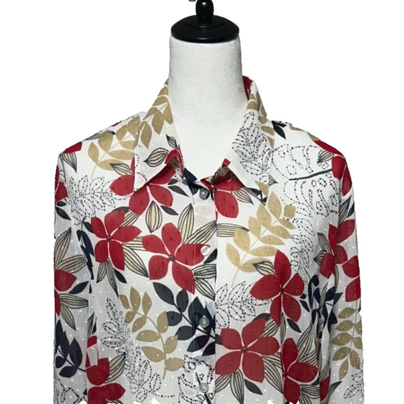 Alfred Dunner White Red Floral Swiss Dot Top 16W Semi Sheer Button Up Career - Picture 1 of 9